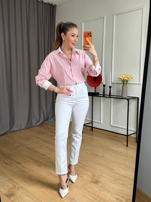 Pembe Yaka Manşetli Çizgili Gömlek
