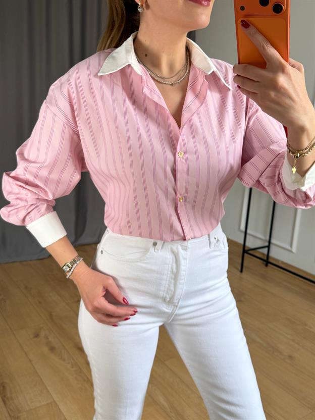 Pembe Yaka Manşetli Çizgili Gömlek