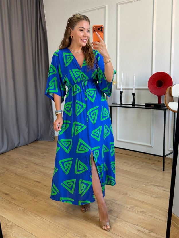 Saks Mavisi Geometrik Desen Elbise