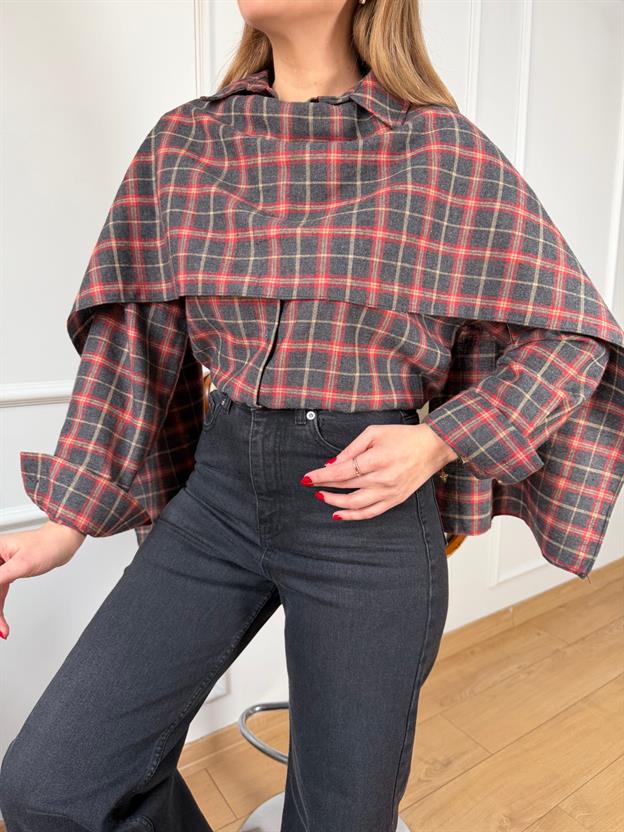 Şal Detaylı Kırmızı Desenli Gömlek