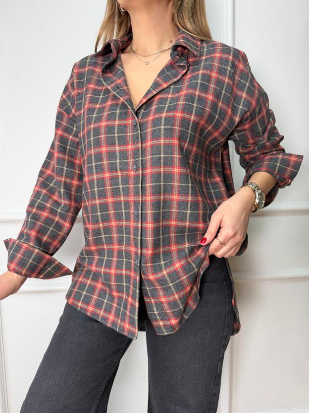 Şal Detaylı Kırmızı Desenli Gömlek