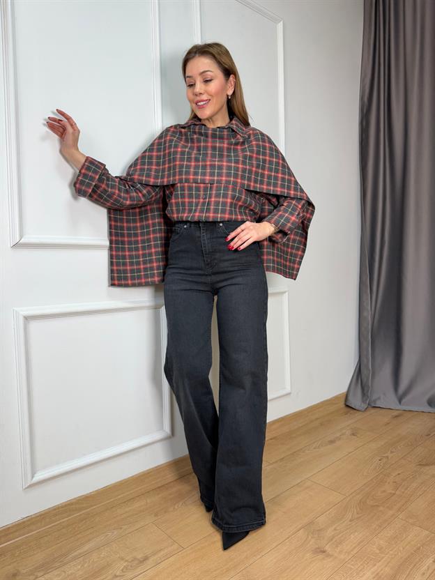 Şal Detaylı Kırmızı Desenli Gömlek