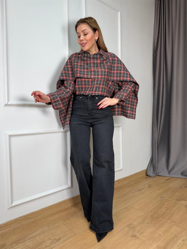 Şal Detaylı Kırmızı Desenli Gömlek