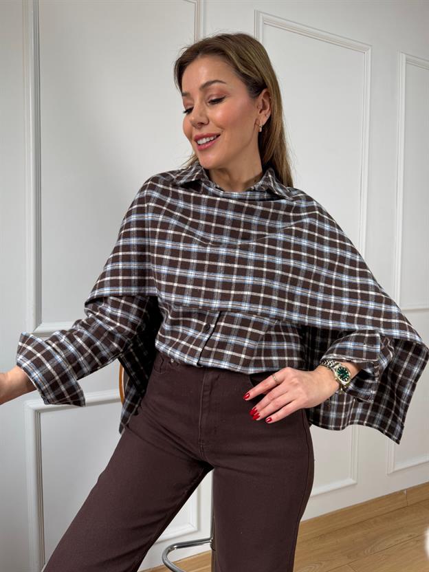 Şal Detaylı Mavi Desenli Gömlek