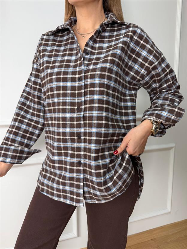 Şal Detaylı Mavi Desenli Gömlek