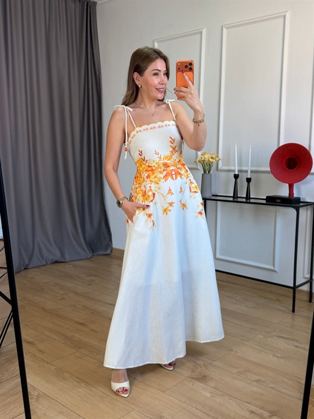 Sarı Askı Bağlamalı Çiçek Elbise