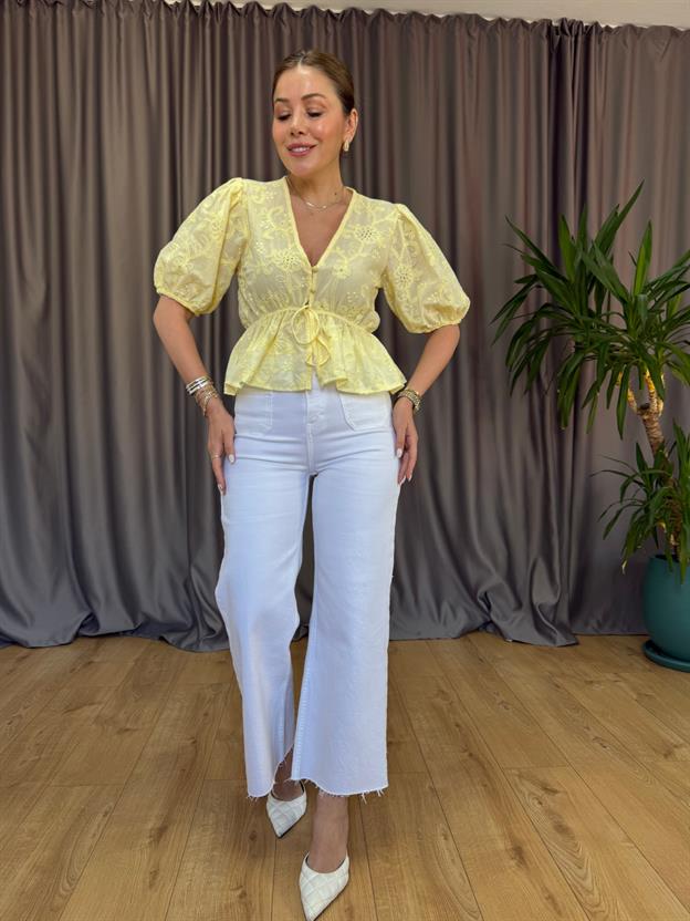 Sarı Bel Bağlama Detaylı Balon Kol Bluz
