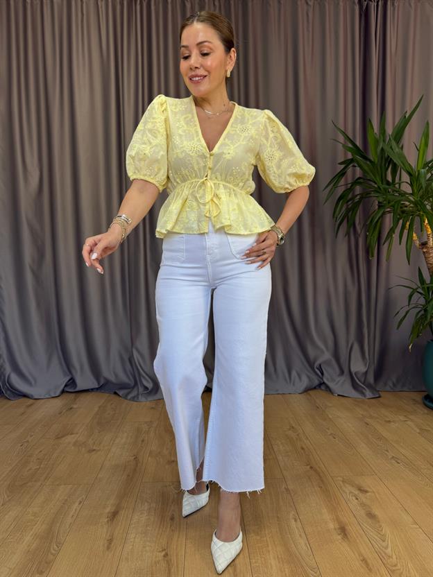 Sarı Bel Bağlama Detaylı Balon Kol Bluz