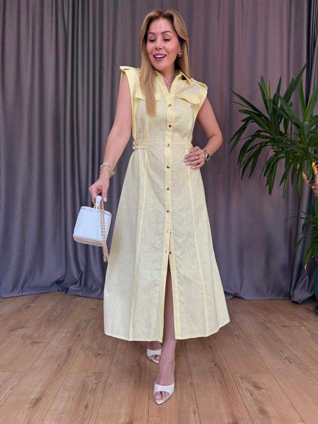 Sarı Bel Detaylı Keten Elbise