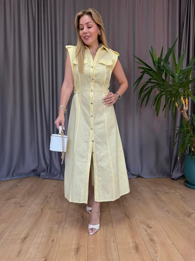 Sarı Bel Detaylı Keten Elbise