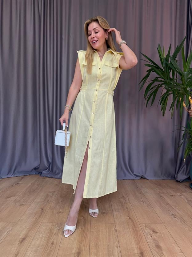 Sarı Bel Detaylı Keten Elbise
