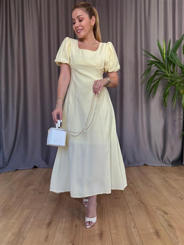 Sarı Büzgü Detay Elbise