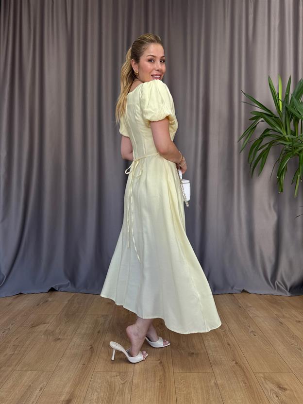 Sarı Büzgü Detay Elbise