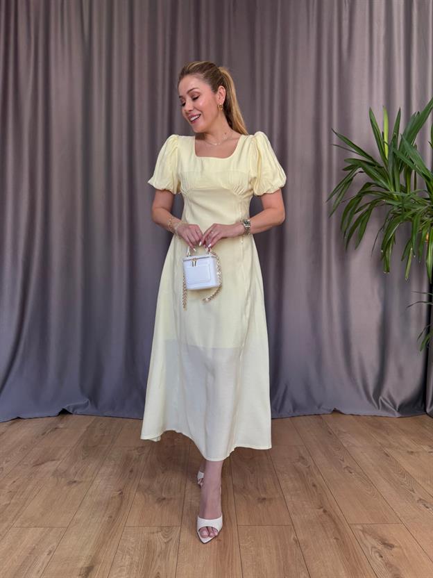 Sarı Büzgü Detay Elbise