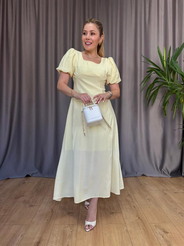 Sarı Büzgü Detay Elbise