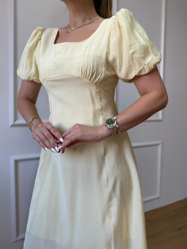 Sarı Büzgü Detay Elbise