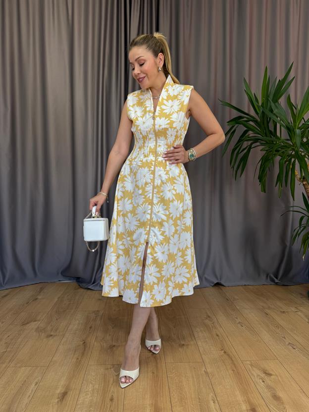 Sarı Çiçek Desenli Drapeli Elbise