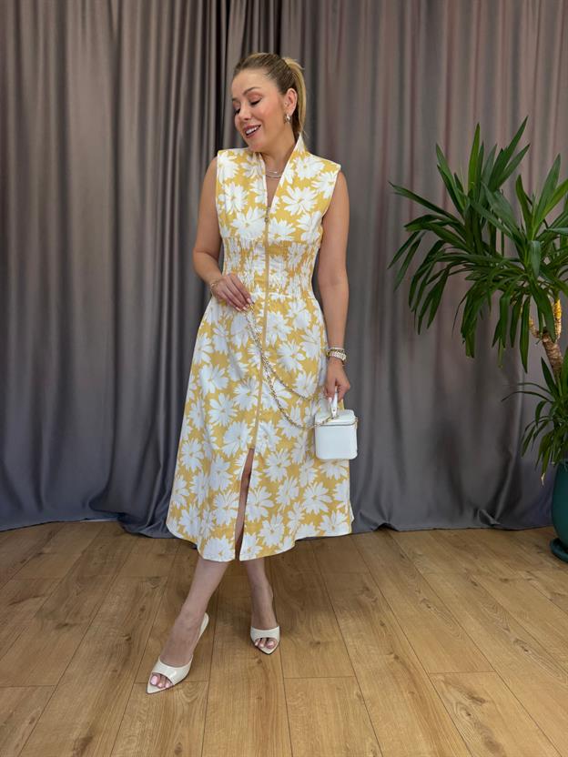 Sarı Çiçek Desenli Drapeli Elbise