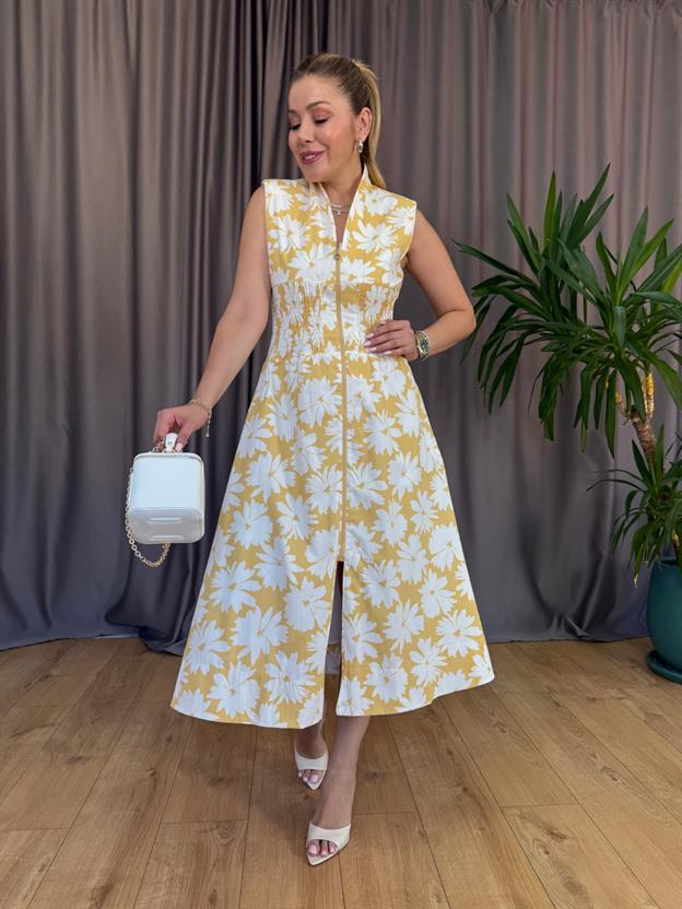 Sarı Çiçek Desenli Drapeli Elbise