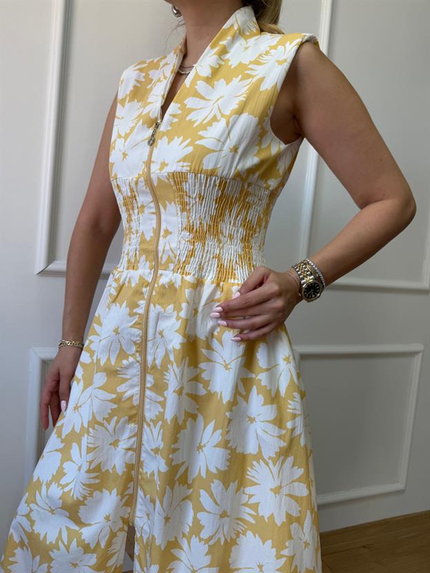 Sarı Çiçek Desenli Drapeli Elbise