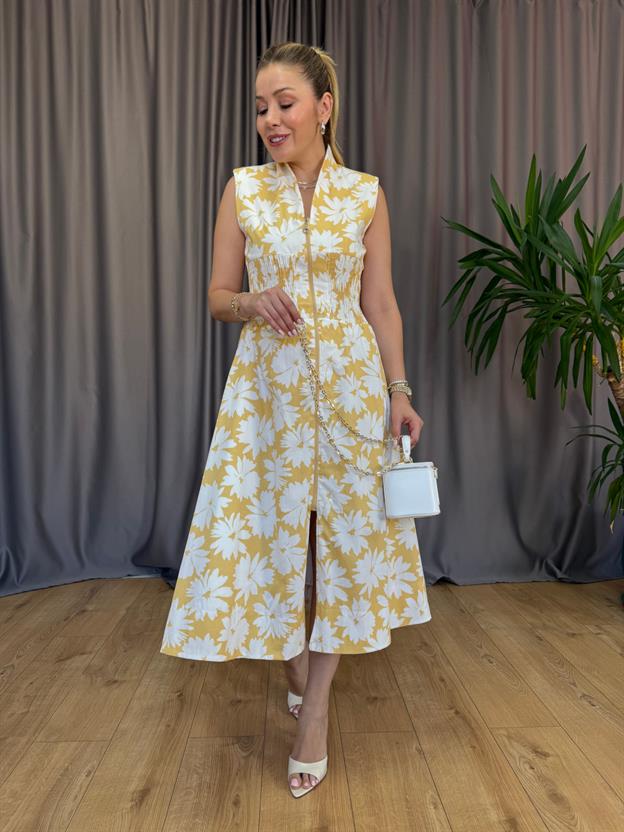 Sarı Çiçek Desenli Drapeli Elbise