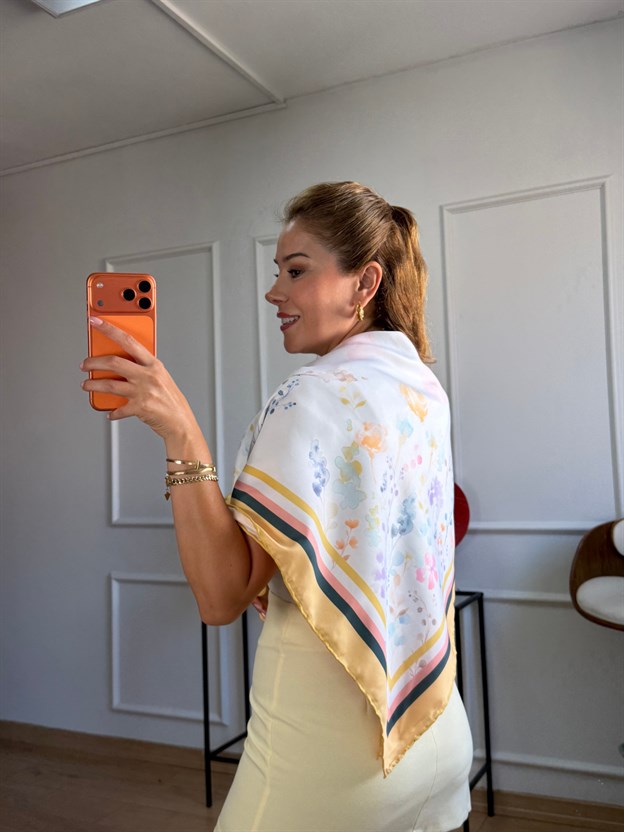 Sarı Çıtır Çiçek Desenli Eşarp Fular 