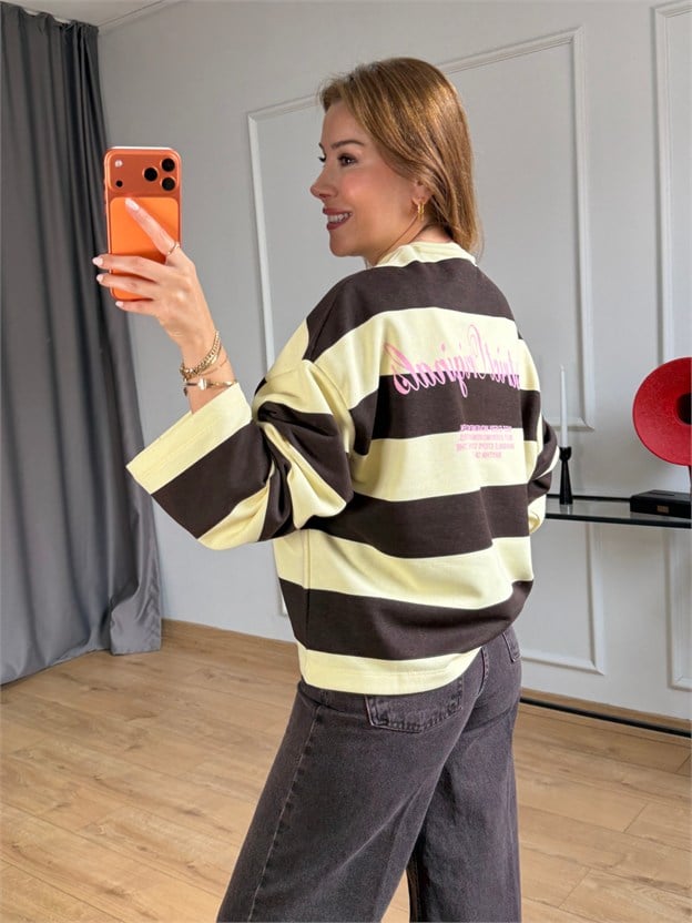 Sarı Kalın Çizgili Yazı Detay Sweatshirt