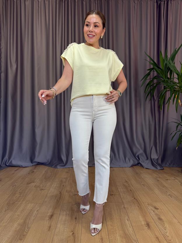 Sarı Omuz Örgü Detay Tshirt