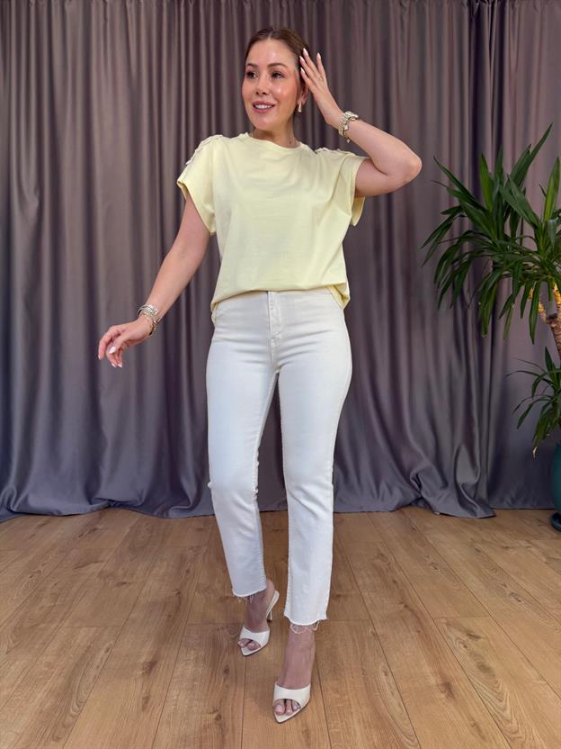 Sarı Omuz Örgü Detay Tshirt