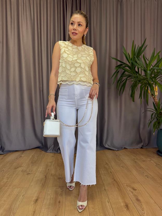 Sarı Yaprak Desenli Kolsuz Bluz