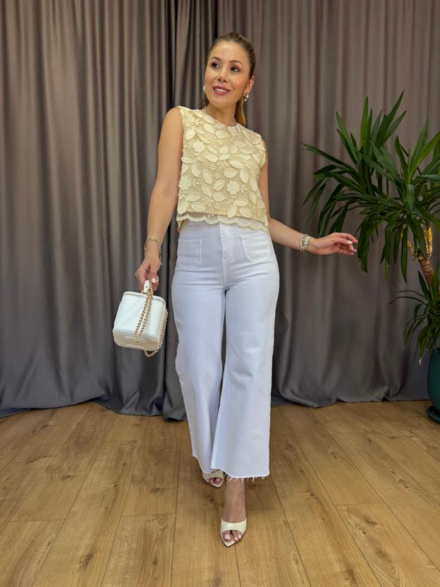 Sarı Yaprak Desenli Kolsuz Bluz