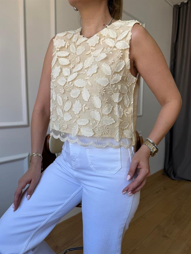 Sarı Yaprak Desenli Kolsuz Bluz