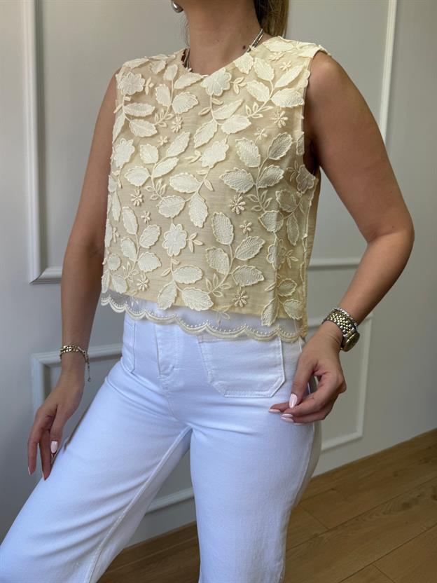 Sarı Yaprak Desenli Kolsuz Bluz