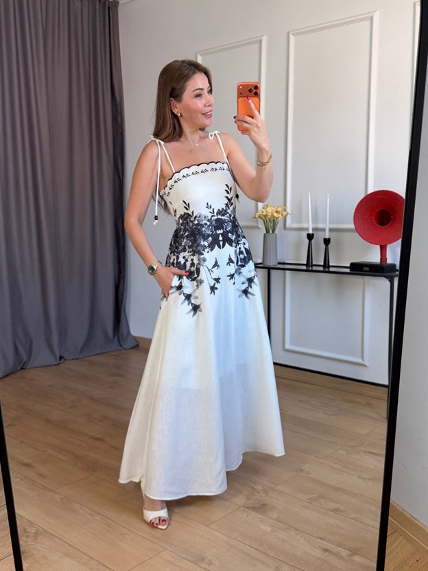 Siyah Askı Bağlamalı Çiçek Elbise