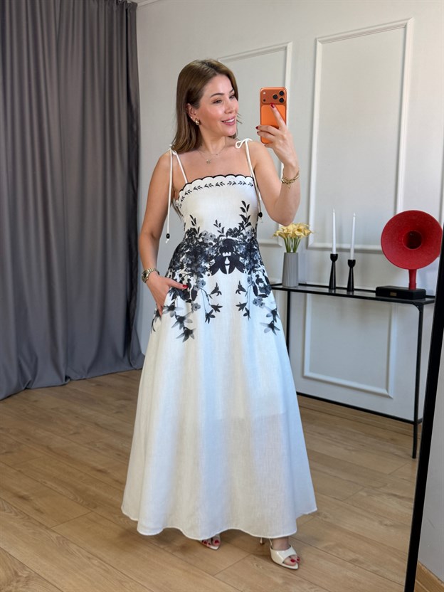 Siyah Askı Bağlamalı Çiçek Elbise