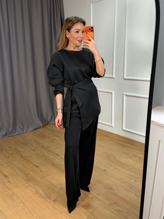 Siyah Bağlama Detay Scuba Bluz