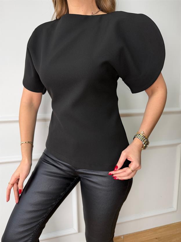 Siyah Balon Kol Asimetrik Bluz