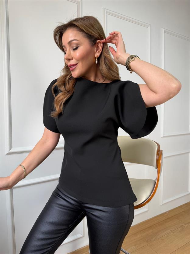Siyah Balon Kol Asimetrik Bluz