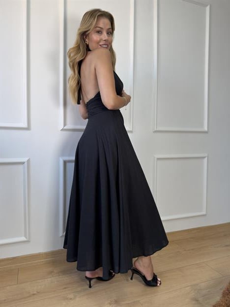 Siyah Boyun Bağlamalı Keten Elbise