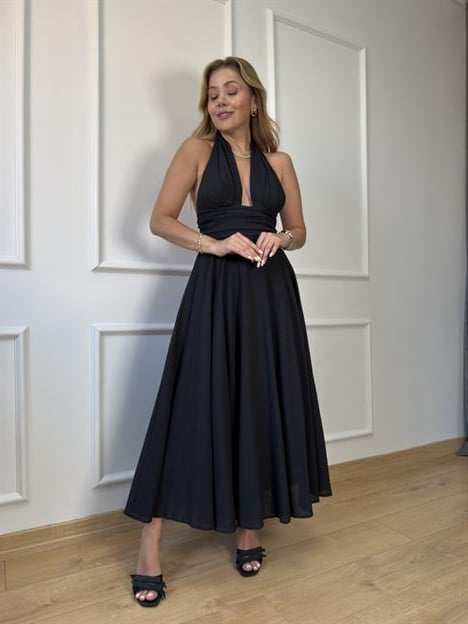 Siyah Boyun Bağlamalı Keten Elbise