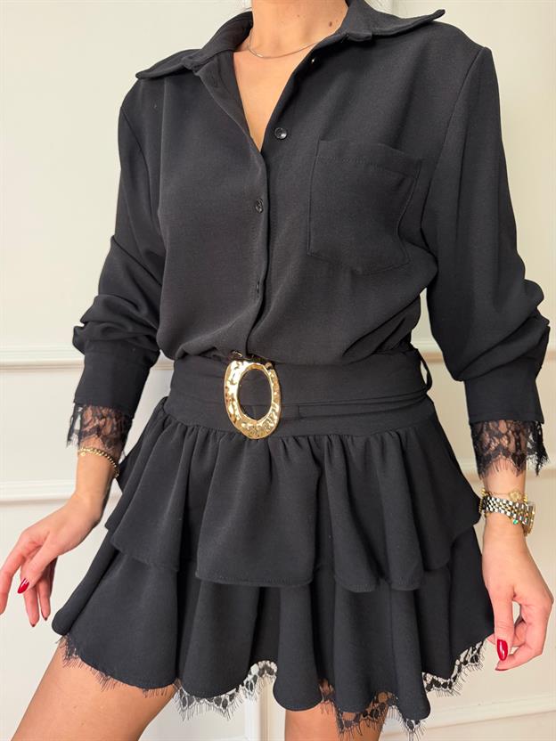 Siyah Dantel Detaylı Katkat Elbise