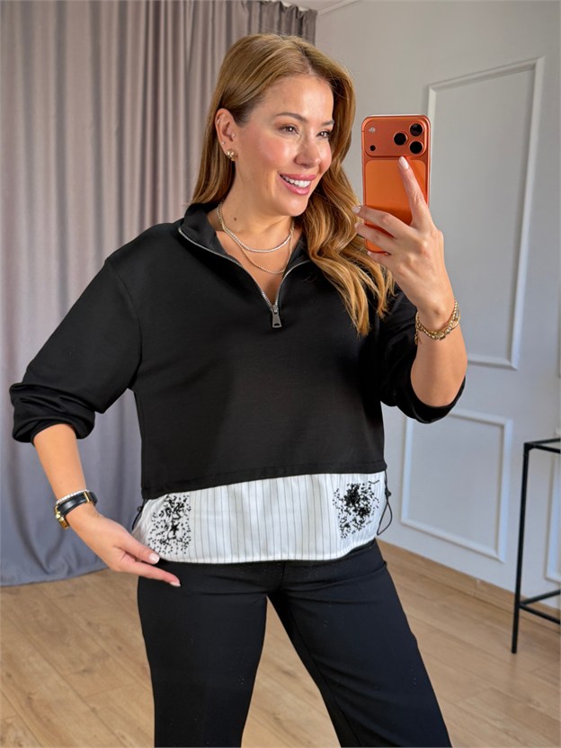 Siyah Etek Ucu İşlemeli Sweatshirt
