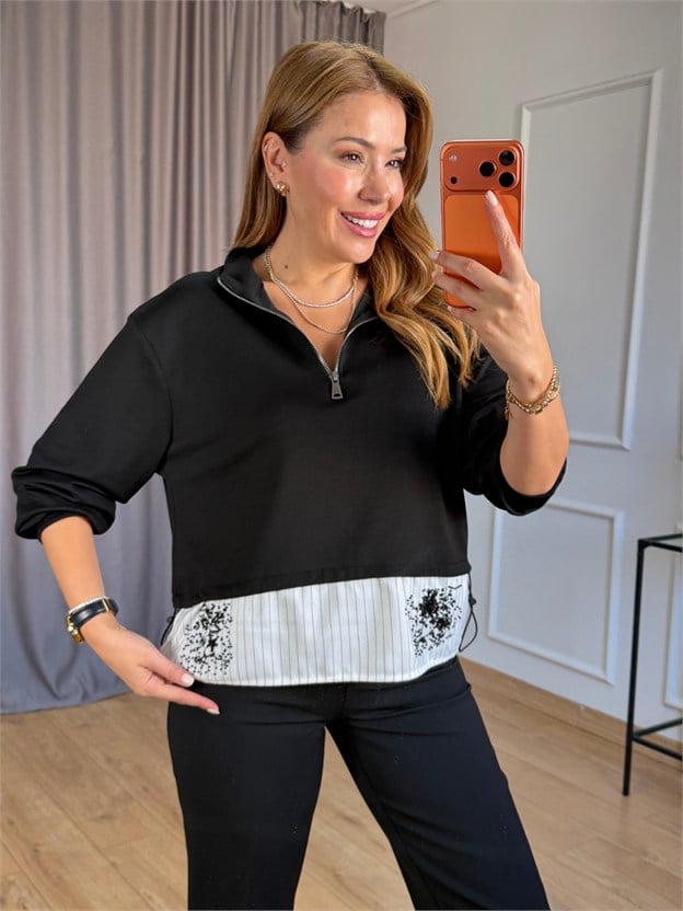 Siyah Etek Ucu İşlemeli Sweatshirt