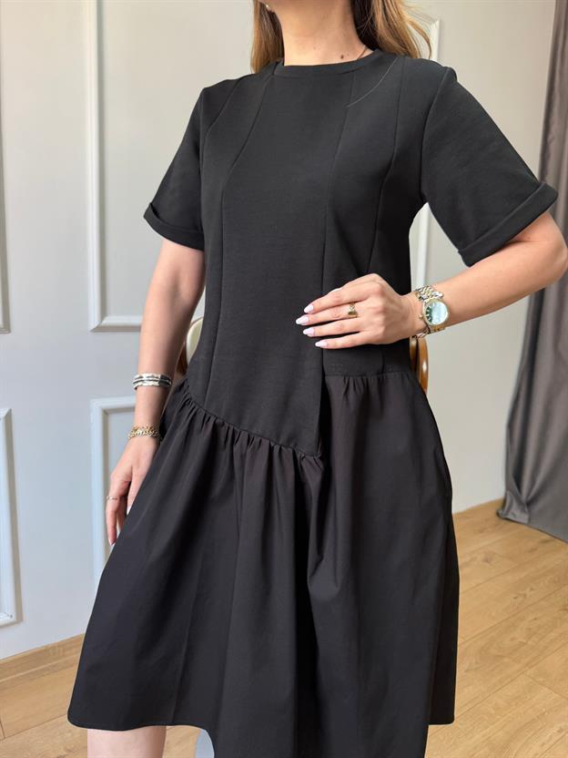 Siyah Etek Ucu Poplin Elbise