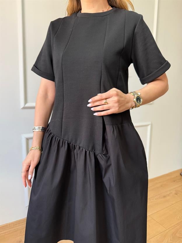 Siyah Etek Ucu Poplin Elbise