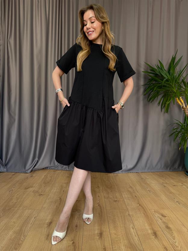 Siyah Etek Ucu Poplin Elbise