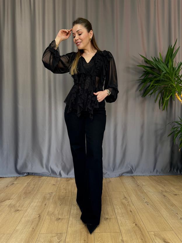 Siyah Fırfırlı Transparan Bluz