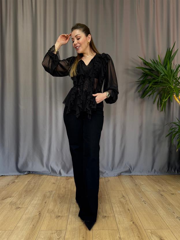 Siyah Fırfırlı Transparan Bluz