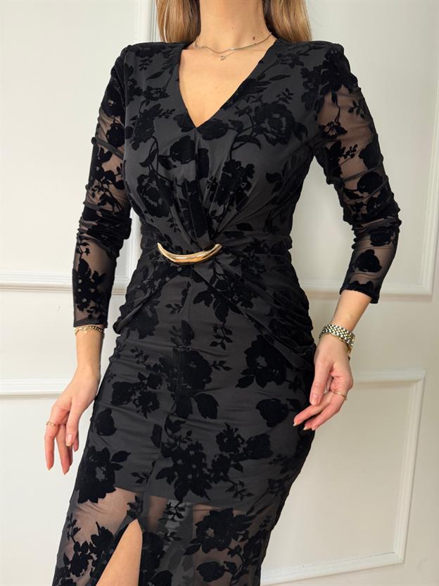 Siyah Gold Aksesuarlı Çiçek Elbise