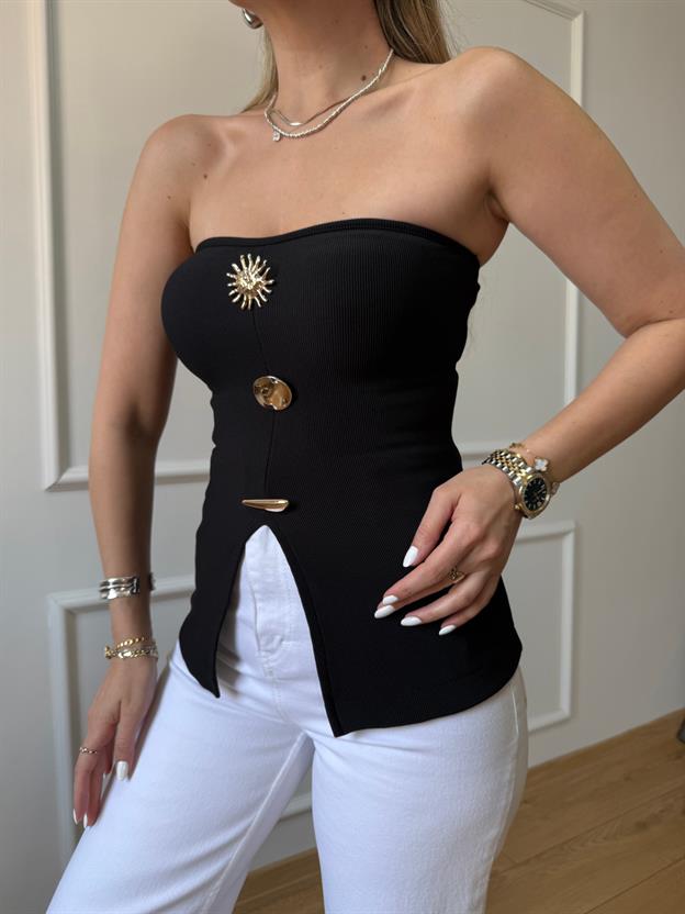 Siyah Gold Tokalı Straplez Bluz